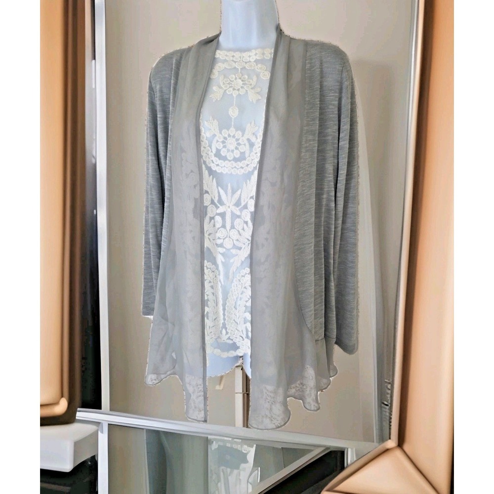 Metaphor Cardigan L Gray Open Front Sheer Detail Stretch Feminine Festival Boho